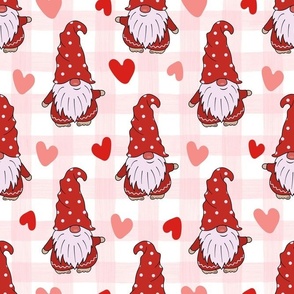 Large Scale Valentine Gnomes and Hearts on Pale Pink Watercolor Gingham Checker