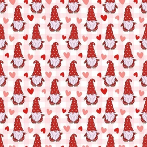 Medium Scale Valentine Gnomes and Hearts on Pale Pink Watercolor Gingham Checker