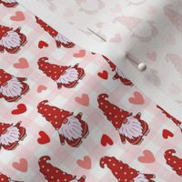 Small Scale Valentine Gnomes and Hearts on Pale Pink Watercolor Gingham Checker