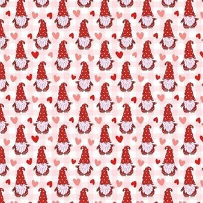 Small Scale Valentine Gnomes and Hearts on Pale Pink Watercolor Gingham Checker