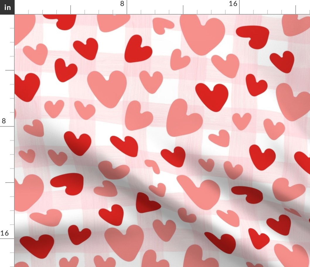 Large Scale Valentine Love Hearts on Soft Pink Watercolor Gingham Checker