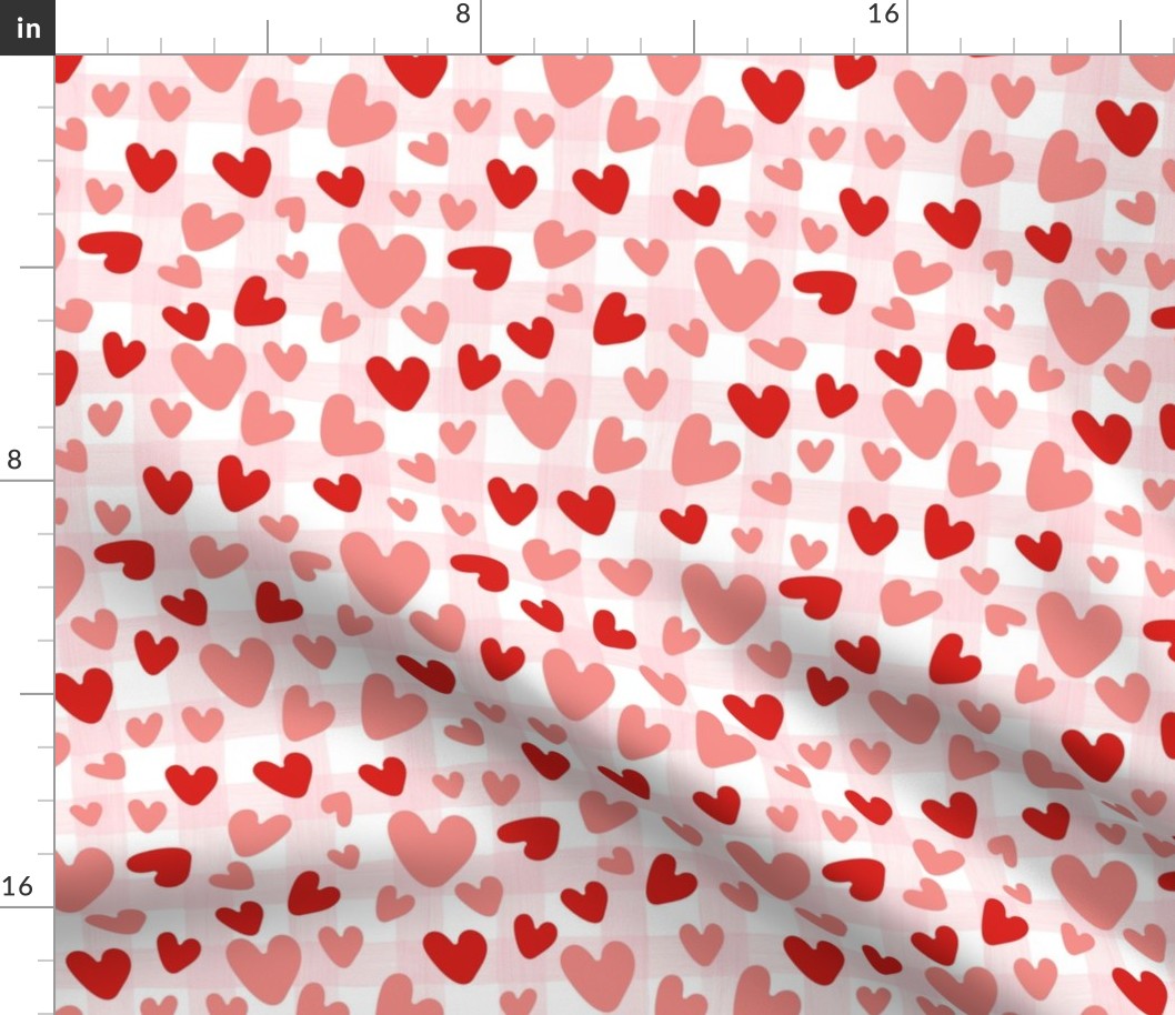 Medium Scale Valentine Love Hearts on Soft Pink Watercolor Gingham Checker