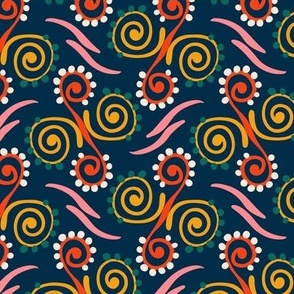 Spiral and dots on dark blue background