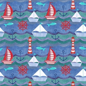 Large Scale Sailing Adventure Blue and Red Sailboats Fish and Lighthouses