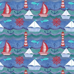 Medium Scale Sailing Adventure Blue and Red Sailboats Fish and Lighthouses
