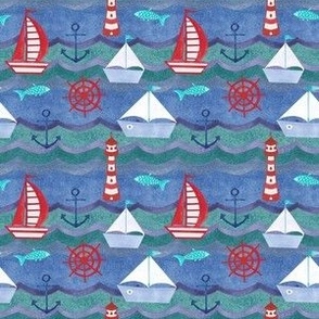 Small Scale Sailing Adventure Blue and Red Sailboats Fish and Lighthouses