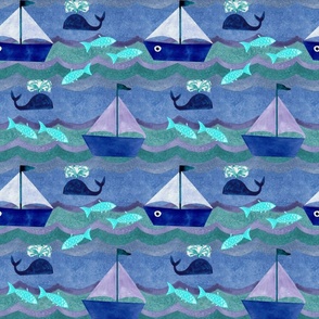Large Scale Sailing Adventure Blue Sailboats Fish and Whales