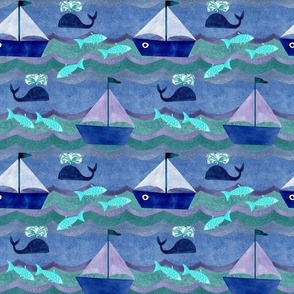 Medium Scale Sailing Adventure Blue Sailboats Fish and Whales