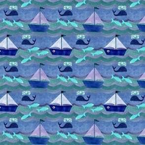 Small Scale Sailing Adventure Blue Sailboats Fish and Whales