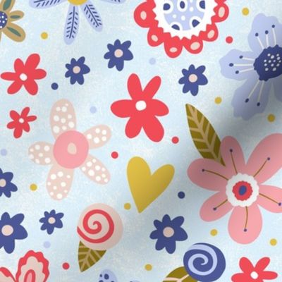 Large Scale Wildflower Folk Floral Red Blue Gold Pink