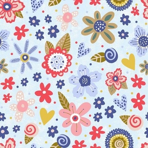 Large Scale Wildflower Folk Floral Red Blue Gold Pink