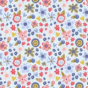 Medium Scale Wildflower Folk Floral Red Blue Gold Pink