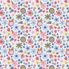 Small Scale Wildflower Folk Floral Red Blue Gold Pink