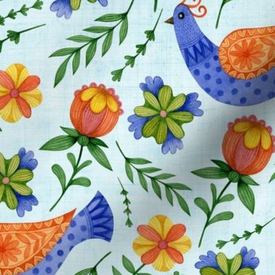 Medium Scale Folk Bluebird and Spring Flowers