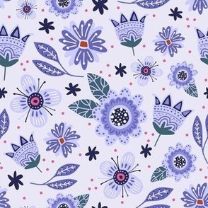 Medium Scale Periwinkle Purple Scandi Folk Flower Toss