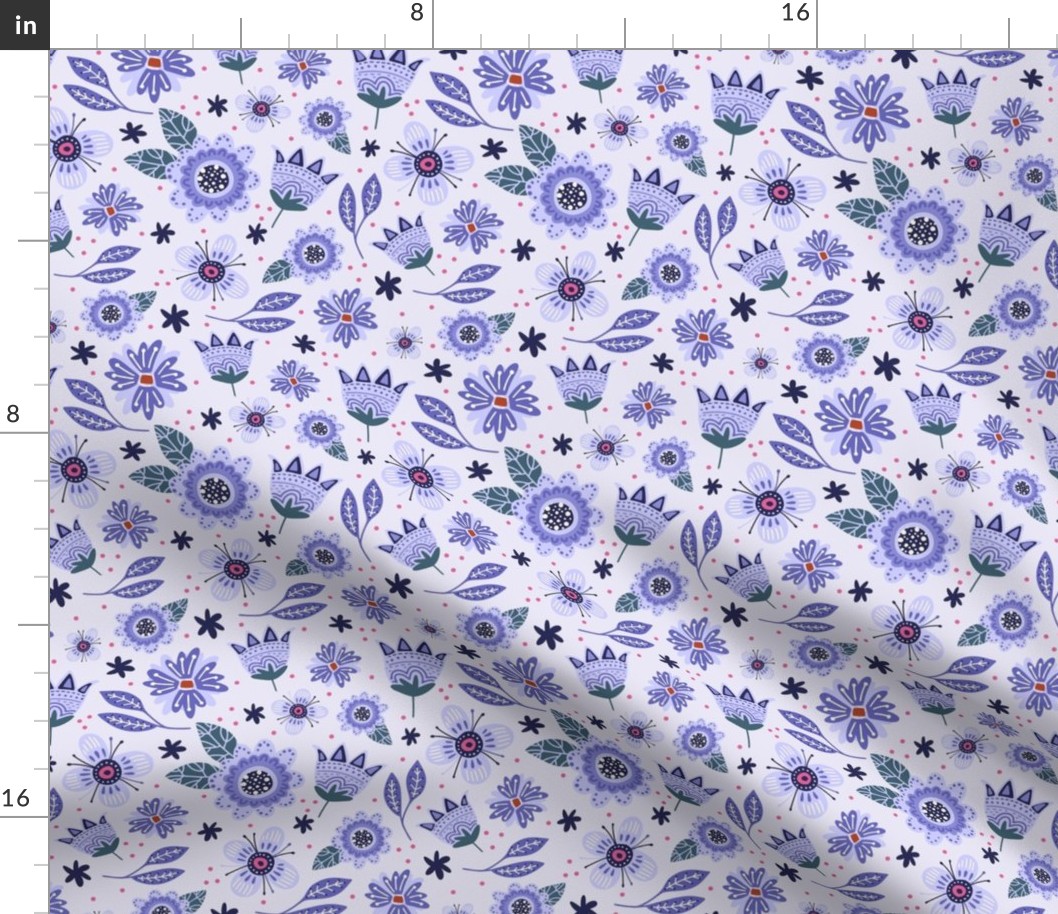 Medium Scale Periwinkle Purple Scandi Folk Flower Toss
