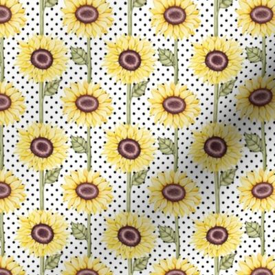 Small Scale Sunflowers Black Polkadots on White