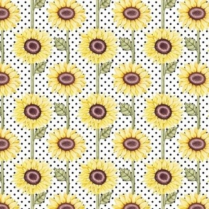Small Scale Sunflowers Black Polkadots on White