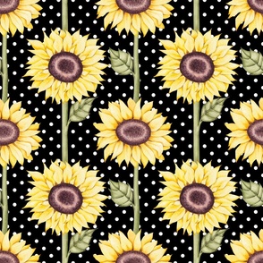 Large Scale Sunflowers White Polkadots on Black