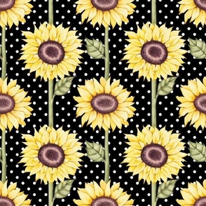 Medium Scale Sunflowers White Polkadots on Black