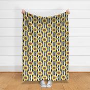Large Scale Sunflowers on Black and White French Ticking Stripes
