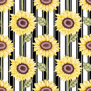 Large Scale Sunflowers on Black and White French Ticking Stripes