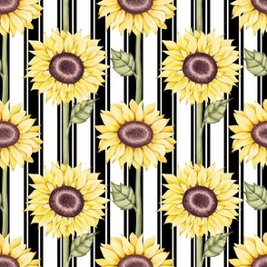 Medium Scale Sunflowers on Black and White French Ticking Stripes
