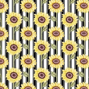 Small Scale Sunflowers on Black and White French Ticking Stripes