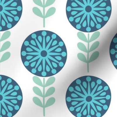 Large Scale Blue and Turquoise Scandi Mod Medallion Flowers