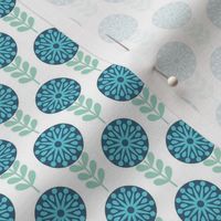 Small Scale Blue and Turquoise Scandi Mod Medallion Flowers
