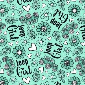 Medium Scale Jeep Girl Floral with Hearts in Mint and White