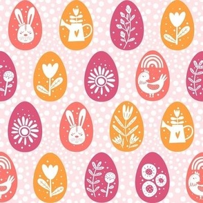 Medium Scale Bright Colorful Easter Eggs Pink Golden Yellow Fuchsia Pink with Bunnies and Flowers