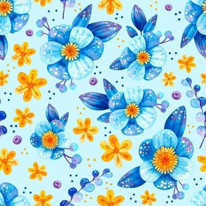 Large Scale Blue and Yellow Watercolor Flowers