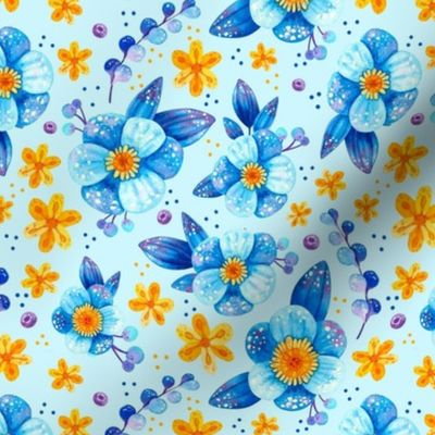 Medium Scale Blue and Yellow Watercolor Flowers