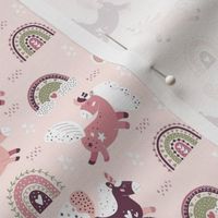Small Scale Boho Rainbows and Unicorns Pink Mauve Soft Baby Nursery Palette