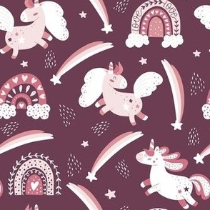 Medium Scale Boho Rainbows and Unicorns Plum Mauve Pink Soft Palette Nursery