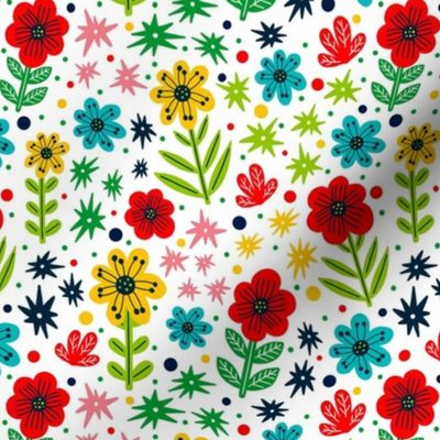 Medium Scale Cheerful Folk Flowers Pop of Color Red Yellow Turquoise