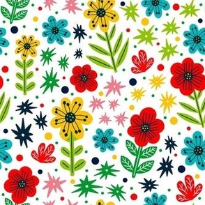 Medium Scale Cheerful Folk Flowers Pop of Color Red Yellow Turquoise