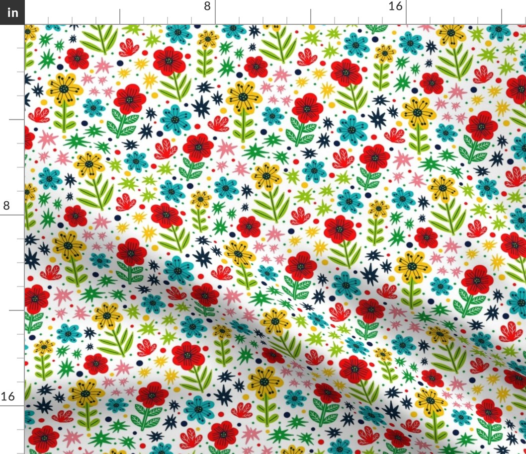 Medium Scale Cheerful Folk Flowers Pop of Color Red Yellow Turquoise