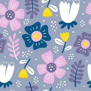 Large Scale Spring Blossoms Navy Lavender Pink Purple Folk Flowers