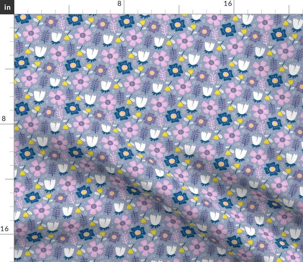 Small Scale Spring Blossoms Navy Lavender Pink Purple Folk Flowers