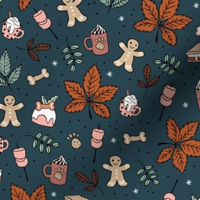 Winter picnic camping with pumpkin spice coffee and hot chocolate dog cookies and marshmallow  christmas day in the park pink sage rust on navy blue