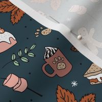 Winter picnic camping with pumpkin spice coffee and hot chocolate dog cookies and marshmallow  christmas day in the park pink sage rust on navy blue