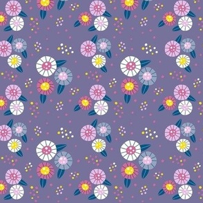 Small Scale Spring Blossoms Pink Lavender Navy Purple Medallion Folk Flowers