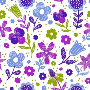 Large Scale Folk Flowers in Periwinkle Lavender Purple Fuchsia Pink Blue