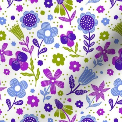 Medium Scale Folk Flowers in Periwinkle Lavender Purple Fuchsia Pink Blue