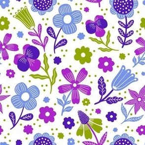 Medium Scale Folk Flowers in Periwinkle Lavender Purple Fuchsia Pink Blue