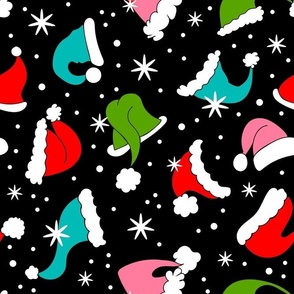 Large Scale Colorful Santa Hats and Snowflakes on Black