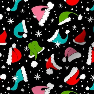 Medium Scale Colorful Santa Hats and Snowflakes on Black