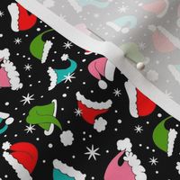 Small Scale Colorful Santa Hats and Snowflakes on Black